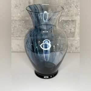Smoky Blue Swirl Art Glass Vase 11” Tall Flared Rim Modern Hand Blown Style
